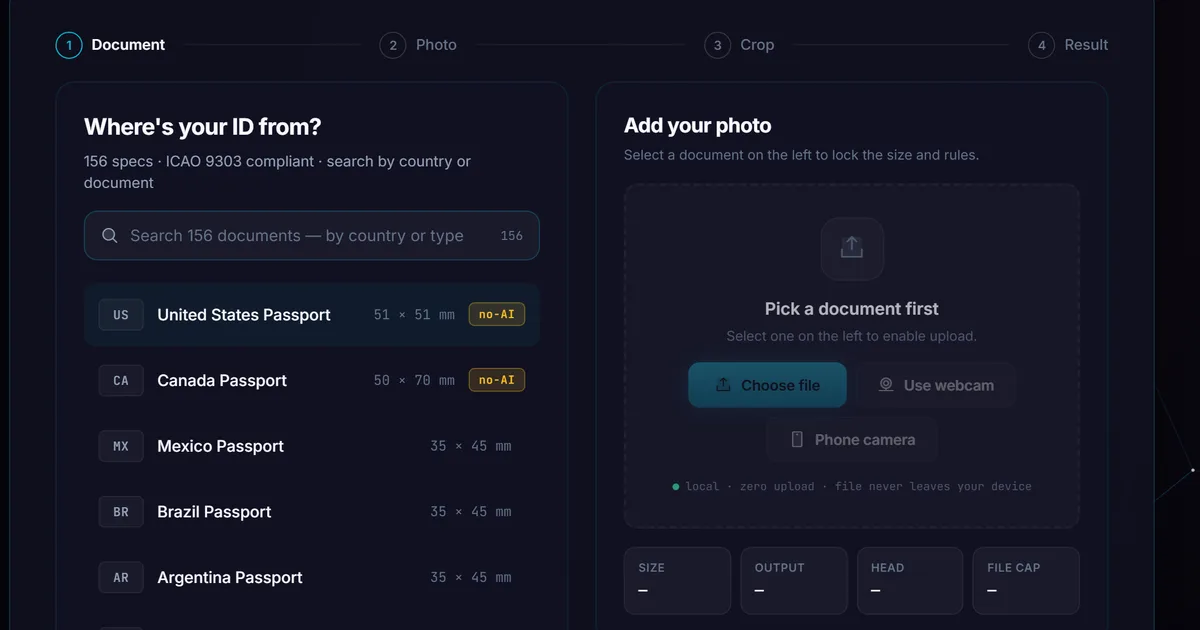 How to take a passport photo without an app — selfie, presets for passports, visas and IDs across major countries, no upload — hero illustration