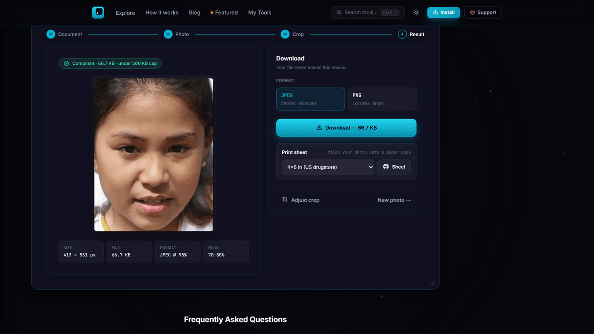 ID Photo Maker showing a portrait with the background removed and replaced with white, cropped to a passport spec with a head-height safe-zone overlay and a country preset selected.