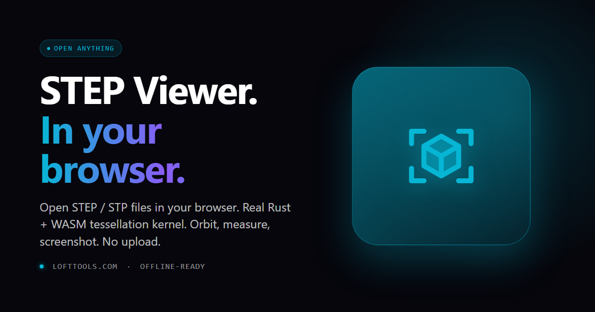 STEP Viewer showing a 3D mechanical part rendered with shaded surfaces and edges, with orbit controls and a measurement readout in millimetres.